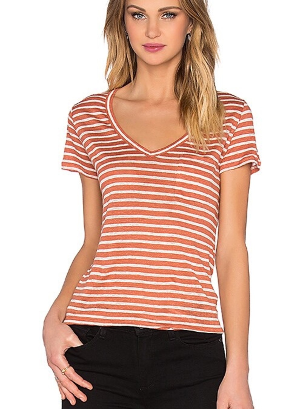 PAIGE Orange and White Striped V-Neck Short Sleeve Top